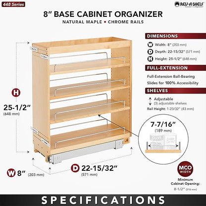 Rev-A-Shelf Maple Pullout Organizer for Full Height Base Cabinets, Full Extension Slides & Adjustable Shelves, Min Opening Width of 8.5", 448-BC-8C