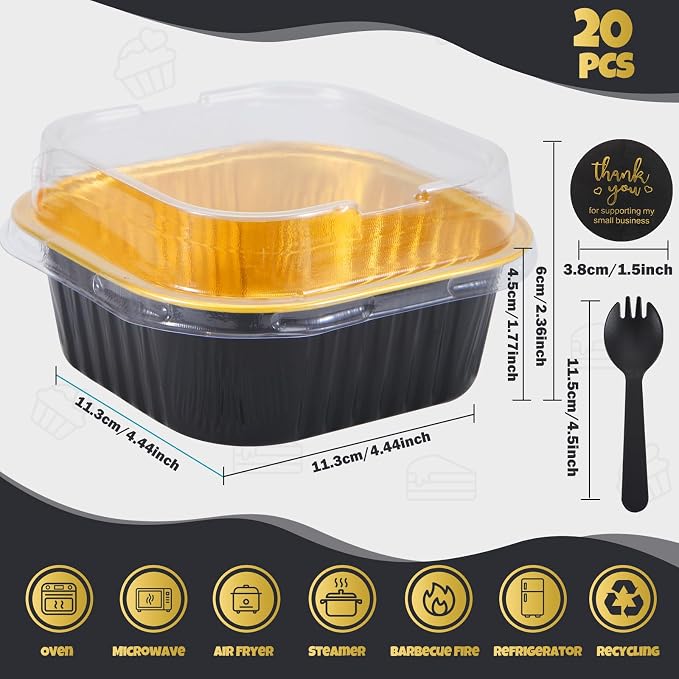 20 Pack 10oz Mini Cake Pans With Lids, Aluminum Foil Square Brownie Baking Cups,Disposable 4”x4” Large Cupcake Pan,Jumbo Muffin Tin Ramekins Holders-Black&Gold
