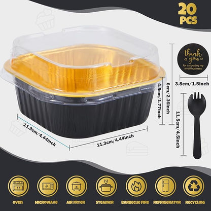 20 Pack 10oz Mini Cake Pans With Lids, Aluminum Foil Square Brownie Baking Cups,Disposable 4”x4” Large Cupcake Pan,Jumbo Muffin Tin Ramekins Holders-Black&Gold