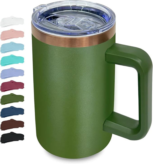 20 oz Insulated Coffee Mug with Lid, Stainless Steel Coffee Tumbler Bulk, Double Wall Vacuum Travel Mug with Handle, Leakproof Powder Coated Coffee Cups for Hot and Cold Drinks (Army Green,1 pack)