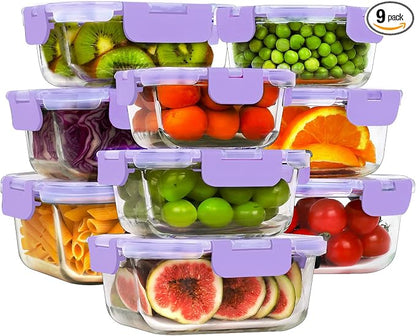 HOMBERKING Glass Food Storage Containers with Lids, 18 Piece Meal Prep Containers, Airtight Lunch Bento Boxes, BPA-Free & Leak Proof (9 Lids & 9 Containers) - Purple