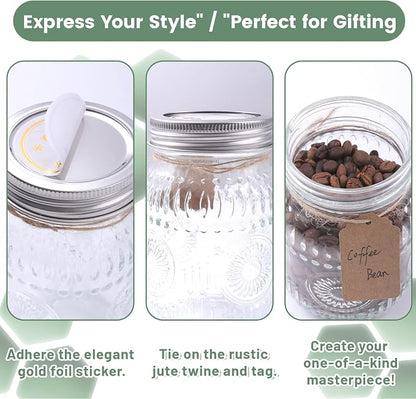 16oz Mason Jars with Airtight Rust-Proof 304 Stainless Steel Lids and Bands, 4 Pack with Elegant Sunflower Embossing, Pint Glass Jars for Meal Prep, Pickling, Overnight Oats, Dry Food & DIY Crafts