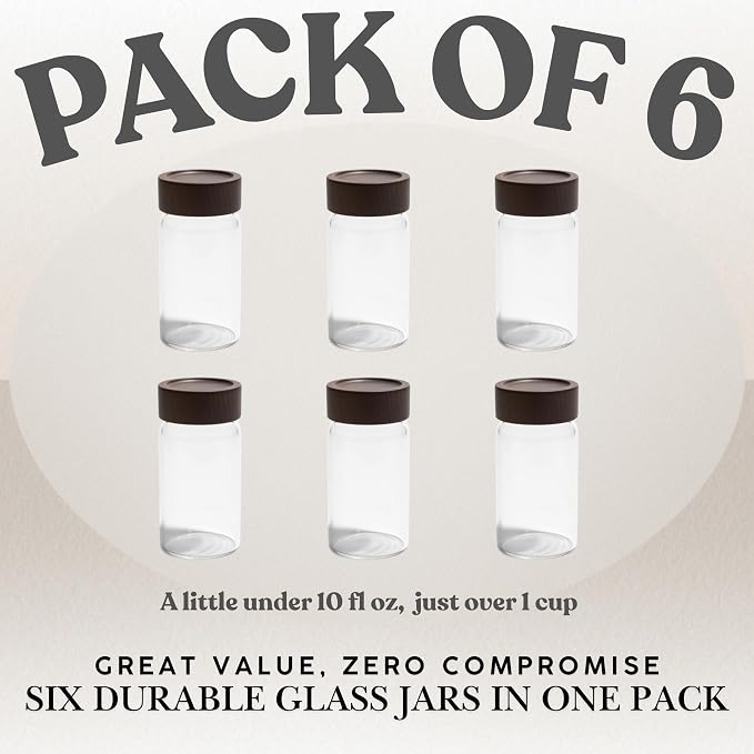 Wide Mouth Glass Storage Jars With 2.5" Acacia Wood Lids - 6 Pack of 9.5 Oz Food Storage Containers - Borosilicate Glass Canisters Sets For Kitchen - Pantry Organizers and Storage for Rice Coffee