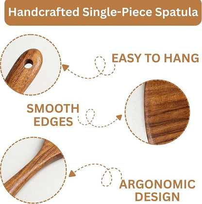 2 Piece Teak Wood Utensils Set– Flat Edge Turner & Serving Spoon – Non Toxic, Dishwasher Safe, Plastic Free Wooden Spatulas for Nonstick Pans – Essential Kitchen Utensils for Cooking"