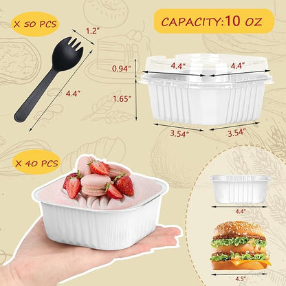 LNYZQUS Mini Cake Pans with Lids and Spoons,10oz Disposable Small Foil Baking Tins,40 Pack Individual Cake Containers for Home Bakers Bake Sales-White,4x4 Square