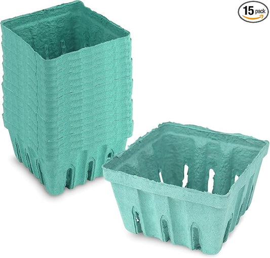 MT Products Green Berry Basket 1 Quart - Molded Pulp Fiber Vented Produce Basket (Pack of 15) - Made in the USA