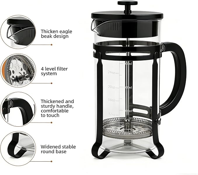French Press Coffee Maker 34 oz, 304 Stainless Steel Double Mesh Filter, Borosilicate Glass, Heat-Resistant, BPA-Free, Ideal for Home, Office & Gift (black, 34oz)
