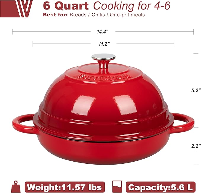 VORRINGARD Cast Iron Enameled Dutch Oven Pot with Lid for Bread Baking, Bread Oven, 6 Quart, Red