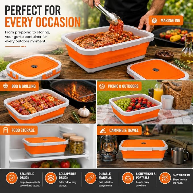 Pamper Paws 2-pack XL Collapsible BBQ Prep Tub with Cutting Board – Foldable Food Prep Container for Outdoor Cooking & Kitchen Use – Space Saving Collapsible Wash Tub, Portable BBQ Prep Tub (Orange)