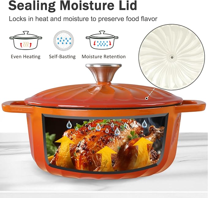Enameled Cast Iron Dutch Oven with Lid, 6 QT Cast Iron Dutch Oven Pot, Dual Handles for Bread Baking, Cook, Bake, Oven Safe across All Cooktops (Orange, 6 QT)