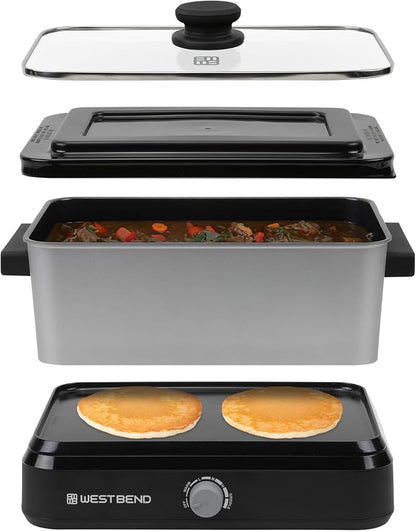 West Bend Versatility Slow Cooker Large Capacity Non-stick Cooking Vessel & Variable Temperature Heating Base Includes Travel Lid and Storage Bag, Range and Oven-Safe Cooking Pot, 5-Quart, Silver