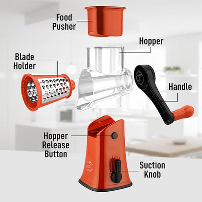 Zulay Kitchen Rotary Cheese Grater 5 Blade Cheese Shredder - Manual Hand Crank Cheese Grater With Reinforced Suction & 5 Interchangeable Drums - Easy to Use, Vegetable Chopper Round Mandoline Slicer