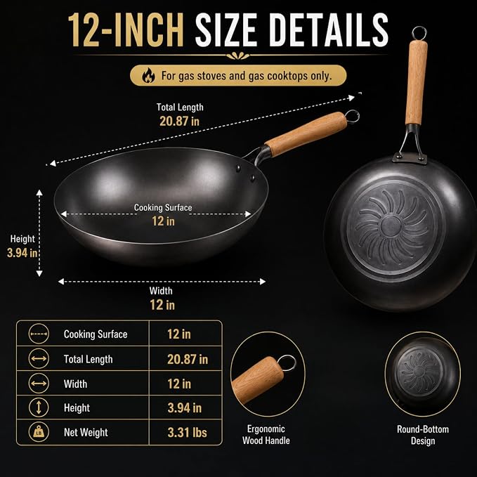 Calmabode 12” Round Bottom Carbon Steel Wok with Glass Lid | Traditional Chinese round-bottom wok for gas stoves, nitrided carbon steel, glass lid, ideal for wok hei and stir-fry