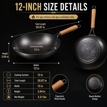 Calmabode 12” Round Bottom Carbon Steel Wok with Glass Lid | Traditional Chinese round-bottom wok for gas stoves, nitrided carbon steel, glass lid, ideal for wok hei and stir-fry