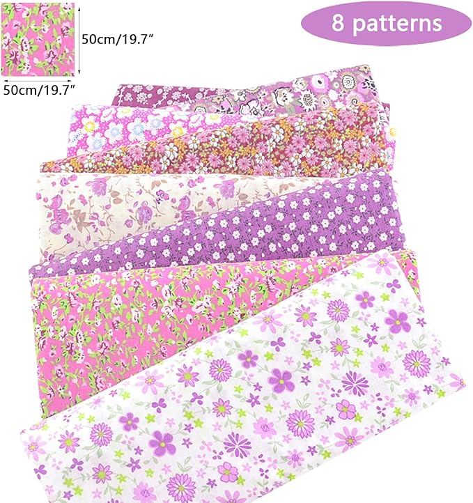 100% Cotton Fabric Bundle - Floral Pre-Cut Squares (20"x20") for Sewing, DIY Patchwork & Quilting (Purple)