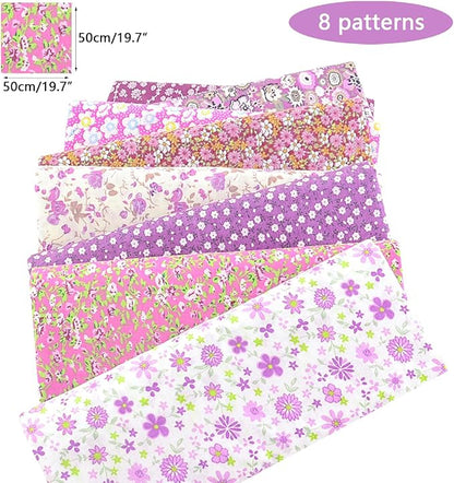 100% Cotton Fabric Bundle - Floral Pre-Cut Squares (20"x20") for Sewing, DIY Patchwork & Quilting (Purple)