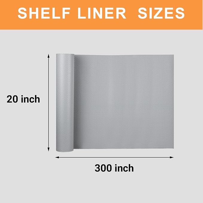 Large Shelf Liners for Kitchen Cabinets: 20 Inch Wide x 300 inch Long Waterproof Under Sink Mat Light Grey - Non-Adhesive Easy to Cut Drawer Liner for Pantry Cupboard