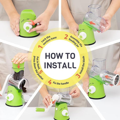 Rotary Cheese Grater Hand Crank, 3 Blades Slicer Shredder, Cheese Grater for Kitchen, Multi-Functional Kitchen Tool for Vegetables, Nuts, Chocolate, with Strong Suction Base, Green