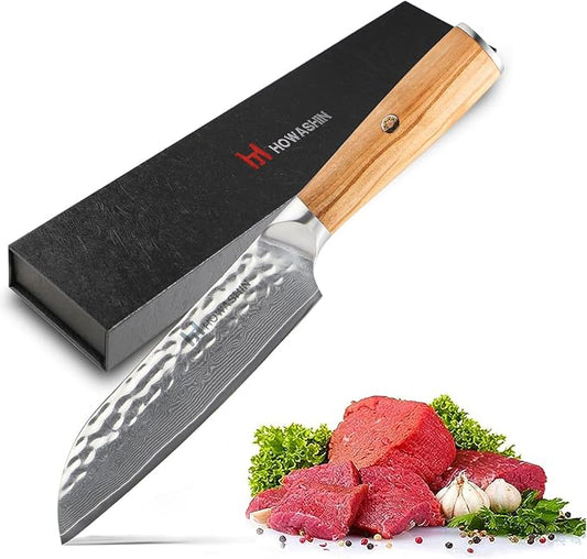 Damascus Santoku Knife 6.5 Inch Professiona Kitchen Knives VG-10 Damascus Steel Ultra-Sharp Santoku Japanese Chef Knife with Ergonomic Olive Wood Handle -Gift Box for Family & Restaurant