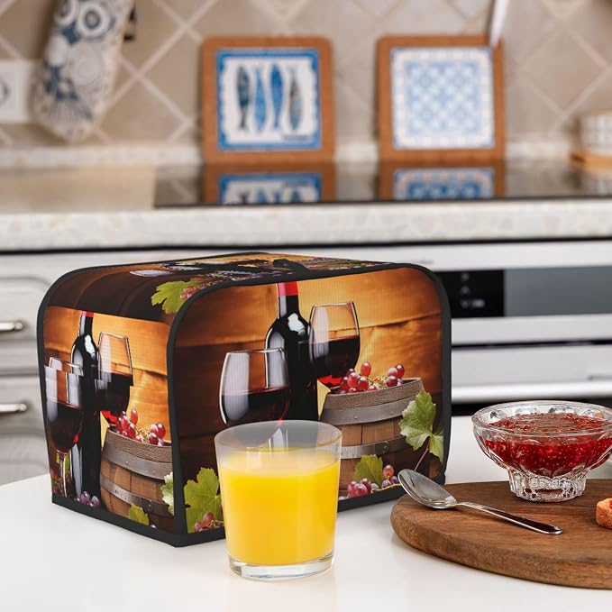 Red Wine Glass Grapes Theme 2 Slice Toaster Cover Wide Slot Dustproof Bread Maker Cover Fingerprint Protection Kitchen Appliance Cover Toaster Bag
