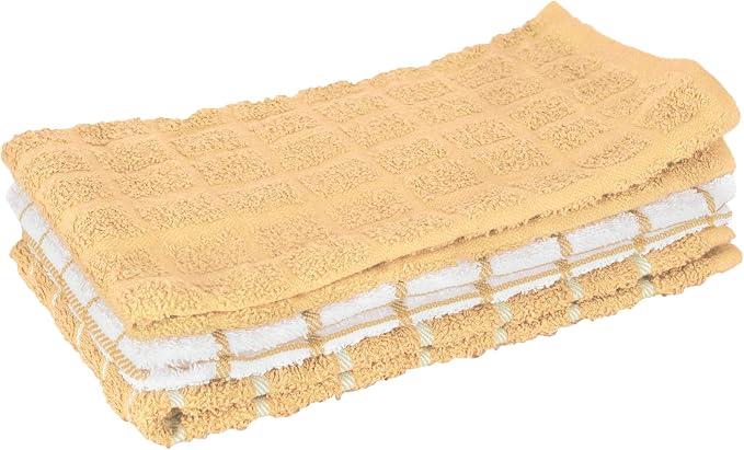 Ritz Premium 100% Cotton Terry Check Kitchen Dish Towels - Highly Absorbent, Super Soft, Long-Lasting, 25"x15", 3-Pack, Straw