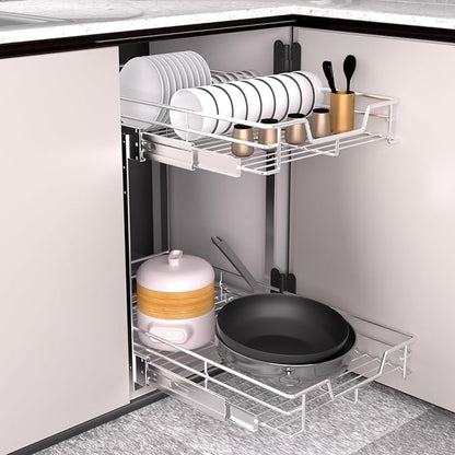 EZKAZA Pull Out Cabinet Organizer 20.5" W x 21" D, 2-Tier Kitchen Cabinet Pullout Shelf and Drawer Organizer Slide Out Pantry Storage Basket, 19.2" W x 21" D x 2.4" H for Bottom Basket Size