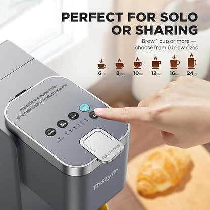 Tastyle Single Serve Coffee Maker, Iced and Hot Coffee Machine for K Cup & Grounds, Compact Design, 40oz Removable Water Reservoir, 6 to 24 Oz Brew Sizes, Fits 7.3" Travel Mug, Gray