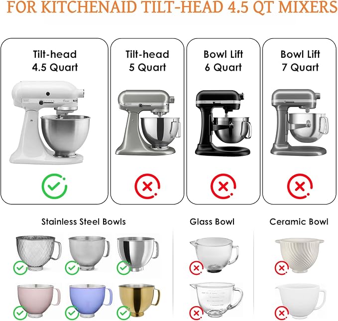 Silicone Bowl Liners for KitchenAid 4.5 Qt Tilt-Head Mixer, Silicone Bowl Insert for KitchenAid 4.5 Quart Mixer, Included 3 Liners with 3 Lids (For 4.5 Qt Tilt-head)