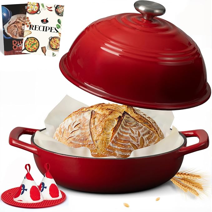 Overmont 6QT Enameled Cast Iron Bread Oven — Taller Body for Even Baking, Durable & Easy-to-Clean, Includes Dome Lid, Cotton Potholders & Cookbook, Perfect for Home Bakers & Sourdough Enthusiasts