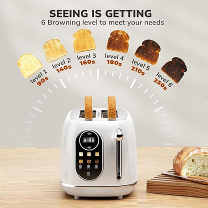 Keenstone Smart Touch Screen Toaster 2 Slice, Retro Wide Slot Stainless Steel Toaster with 6 Browning Levels, Reheat & Defrost, for Bagel, Toast, Bread, Removable Crumb Tray, White