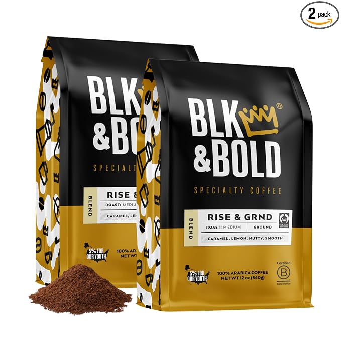 BLK & Bold Ground Coffee, Rise & GRND Medium Roast, Toffee Lemon Nutty Notes, For Drip Coffee Maker, French Press & Coffee Pot, 12 oz Bags (2 Pack)