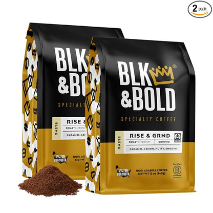BLK & Bold Ground Coffee, Rise & GRND Medium Roast, Toffee Lemon Nutty Notes, For Drip Coffee Maker, French Press & Coffee Pot, 12 oz Bags (2 Pack)