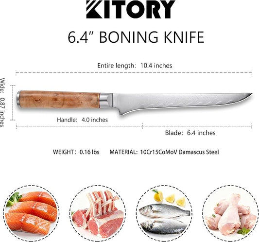 Kitory Damascus Boning Knife - Japanese Style Fillet Knife, Ultra Sharp 73-Layers HC Super Steel- Deboning Tool with White Shadow Wood Handle, with premium Gift Package