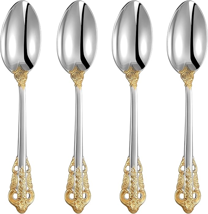 KEAWELL Luxury Dinner Spoon, Set of 4, 18/10 Stainless Steel Tablespoons, Silverware Spoon Set, Mirror Polished, 7.8 Inches (Gold Accent)