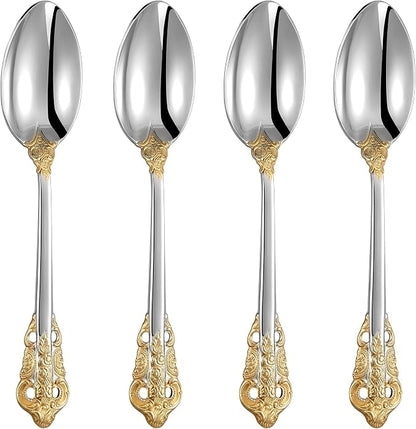 KEAWELL Luxury Dinner Spoon, Set of 4, 18/10 Stainless Steel Tablespoons, Silverware Spoon Set, Mirror Polished, 7.8 Inches (Gold Accent)