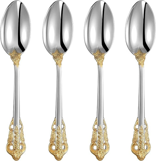 KEAWELL Luxury Dinner Spoon, Set of 4, 18/10 Stainless Steel Tablespoons, Silverware Spoon Set, Mirror Polished, 7.8 Inches (Gold Accent)