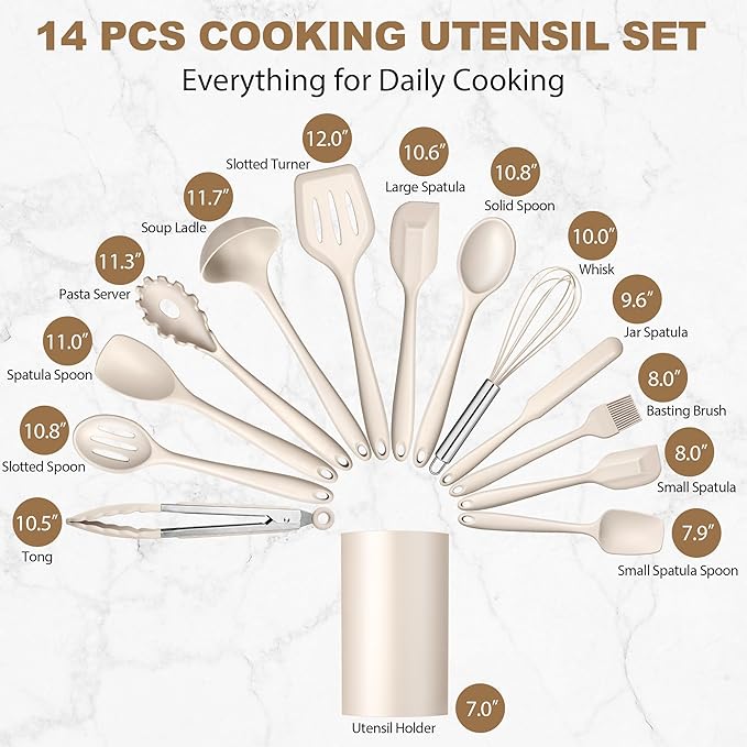 LIANYU 14 Pcs Kitchen Utensils Set with Holder, Silicone Cooking Utensils Spatula Set, Heat Resistant Cookware Tools Includes Spoon Turner Whisk Tong, Dishwasher Safe, Khaki