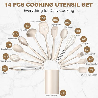 LIANYU 14 Pcs Kitchen Utensils Set with Holder, Silicone Cooking Utensils Spatula Set, Heat Resistant Cookware Tools Includes Spoon Turner Whisk Tong, Dishwasher Safe, Khaki