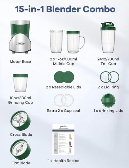 Ganiza Smoothie Blender, 900W Blenders for Shakes and Smoothies, GB10 Smoothies Maker with 4 BPA-Free Portable Cup, Nutritious Recipe (Green)