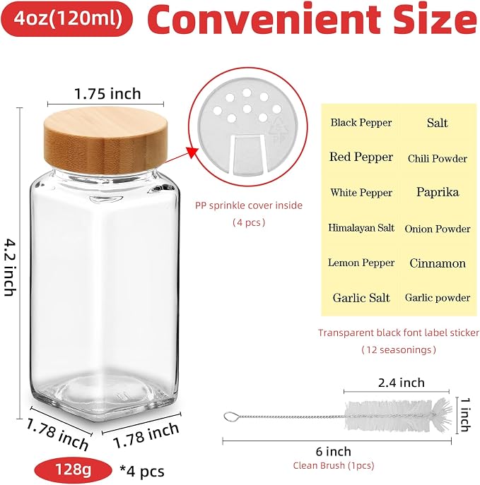 4Pcs 4 oz Square Glass Spice Jars with Label, Empty Spice Containers with Bamboo Lids , Square Seasoning Containers and Supplement Set, Small Seasoning Bottles for Salt, Herbs, Sugar, Pepper (4)