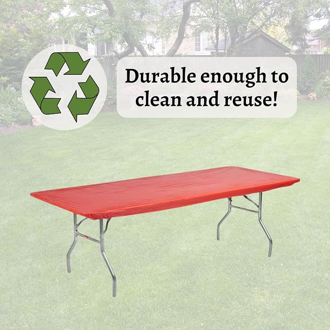 Kwik-Covers 8' Rectangle Plastic Table Covers 30" x 96", Bundle of 5 (Real Red)