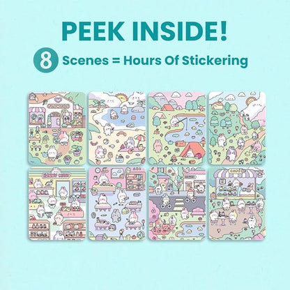 Life of Cute Bunnies 300+ Kids Sticker Book by Cupkin Toddler Airplane Travel Coloring Book, Easter Basket Stuffer, Road Trip Essentials, 8 Coloring Pages 8 Side by Side Scenes for Ages 2–8 Years