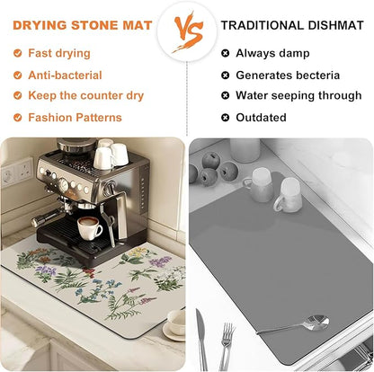 LOKHOM Dish Drying Mat for Kitchen Counter, 17"x28" Absorbent Coffee Bar Mat with Vintage Sage Flower Herbs, Dish Drainer Rack Mat for Kitchen Counter