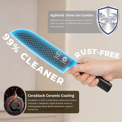 OOU® Black Blade 7 Inch Santoku Knife with AgShield™ & Cerablack™ Technology, Rust-Resistant & Easy-Clean Finish, Japanese Style Hollow Edge for Dicing & Mincing