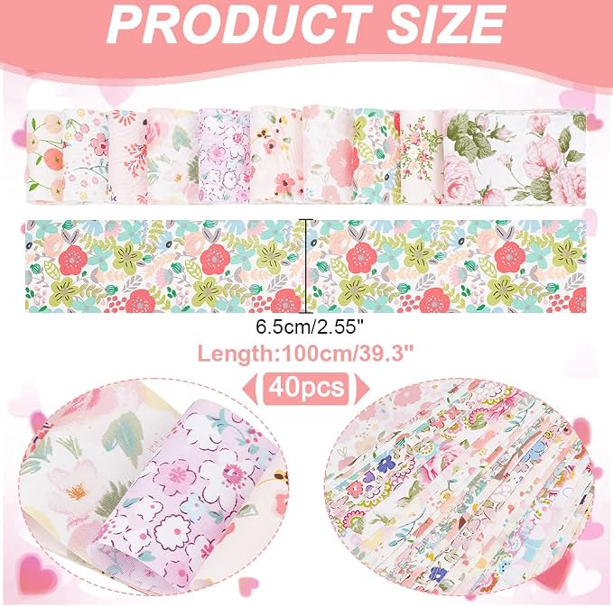 NBEADS 40Pcs Fabric Jelly Rolls, 100% Cotton Quilting Fabric 39x2.6 Inch Flower Pattern Fabrics Strips Precuts Quilt Strips for Blanket Upholstery Home Decor and Purse Making, Pink