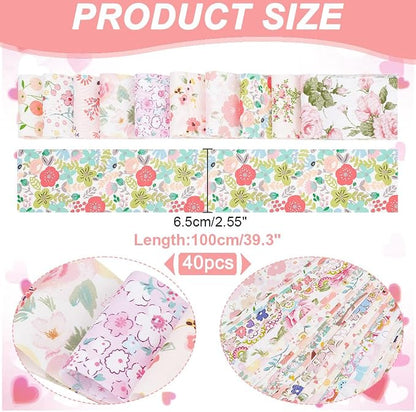 NBEADS 40Pcs Fabric Jelly Rolls, 100% Cotton Quilting Fabric 39x2.6 Inch Flower Pattern Fabrics Strips Precuts Quilt Strips for Blanket Upholstery Home Decor and Purse Making, Pink