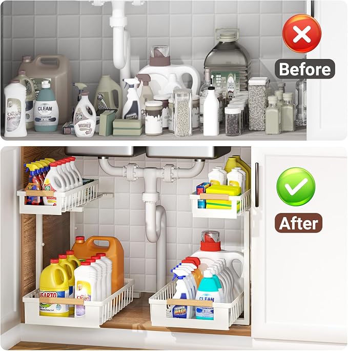 Under Sink Organizer, 2 Tier Pull Out Cabinet Organizer with 5 Adjustable Heights, Metal Under Sink Storage with Sliding Drawers for Kitchen, Bathroom, Pantry and Laundry Room, 4-Pack White