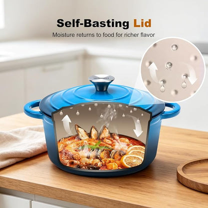 Enameled Cast Iron Dutch Oven - 4QT Pot with Lid,Oven Safe to 500°F,Heavy-Duty Cookware for Sourdough Bread Baking,Braising,Stews,Roasting Blue