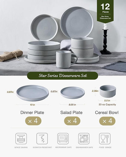 Famiware Star 12-Piece Stoneware Dinnerware Sets, Service for 4 - Handcrafted Reactive Glaze Plates and Bowls, Modern Rustic Dishes, Chip & Scratch Resistant, Microwave & Dishwasher Safe, Matte Gray