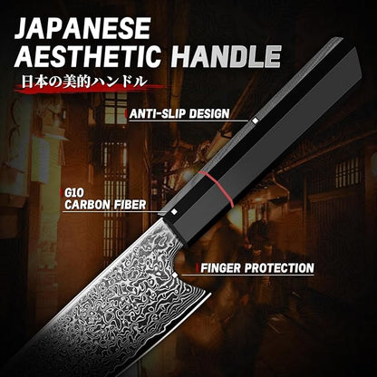 TIVOLI Damascus Knife Set 3PCS - VG10 Japanese Kitchen Knife - Ultra Sharp Chef Knives Set With Octagonal Handle，Professional Cooking Knives for Meat Vegetable Fruit, Christmas Gift for Mom Dad